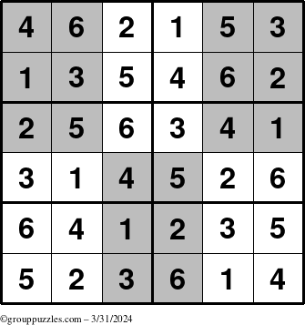 The grouppuzzles.com Answer grid for the SuperSudoku-Junior puzzle for Sunday March 31, 2024