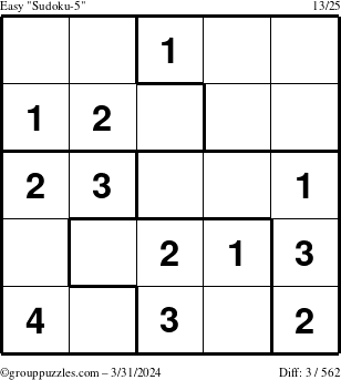 The grouppuzzles.com Easy Sudoku-5 puzzle for Sunday March 31, 2024