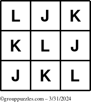 The grouppuzzles.com Answer grid for the TicTac-JKL puzzle for Sunday March 31, 2024