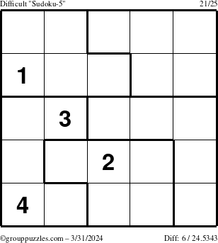 The grouppuzzles.com Difficult Sudoku-5 puzzle for Sunday March 31, 2024
