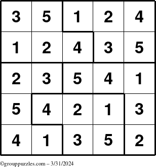 The grouppuzzles.com Answer grid for the Sudoku-5 puzzle for Sunday March 31, 2024