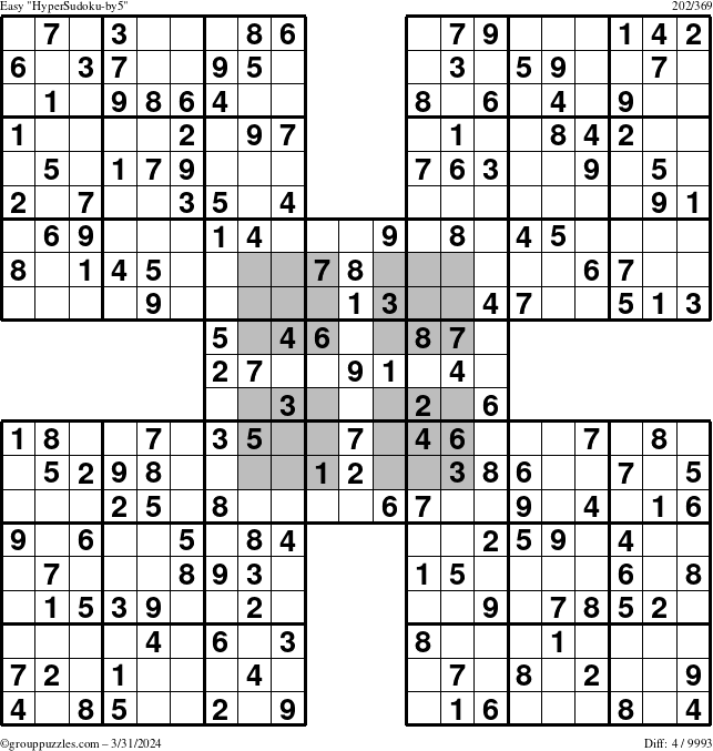 The grouppuzzles.com Easy HyperSudoku-by5 puzzle for Sunday March 31, 2024