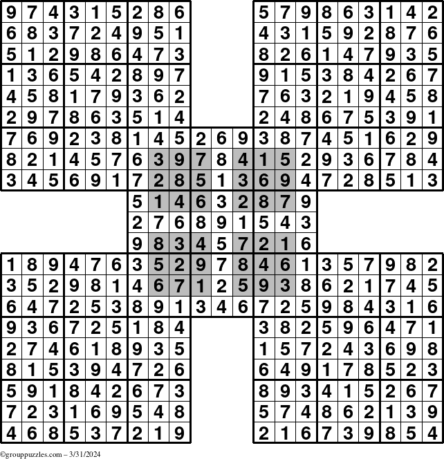 The grouppuzzles.com Answer grid for the HyperSudoku-by5 puzzle for Sunday March 31, 2024