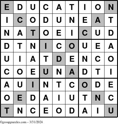 The grouppuzzles.com Answer grid for the Education-X puzzle for Sunday March 31, 2024