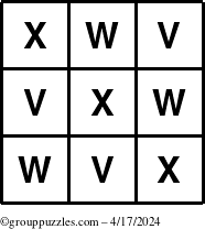 The grouppuzzles.com Answer grid for the TicTac-VWX puzzle for Wednesday April 17, 2024