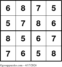 The grouppuzzles.com Answer grid for the Sudoku-4-5678 puzzle for Wednesday April 17, 2024