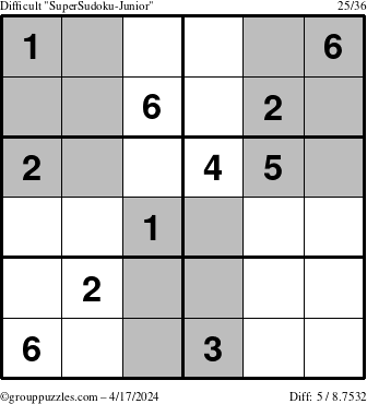 The grouppuzzles.com Difficult SuperSudoku-Junior puzzle for Wednesday April 17, 2024