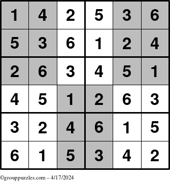 The grouppuzzles.com Answer grid for the SuperSudoku-Junior puzzle for Wednesday April 17, 2024