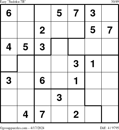 The grouppuzzles.com Easy Sudoku-7B puzzle for Wednesday April 17, 2024
