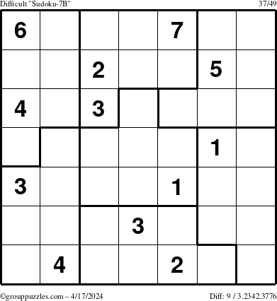 The grouppuzzles.com Difficult Sudoku-7B puzzle for Wednesday April 17, 2024
