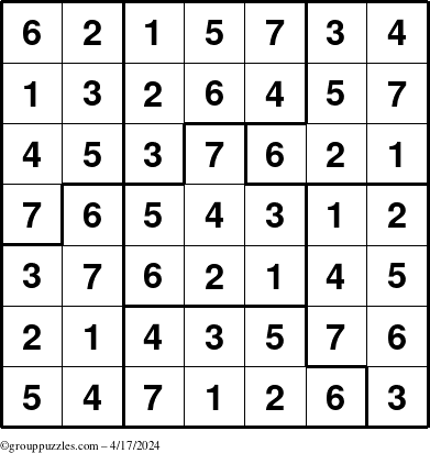 The grouppuzzles.com Answer grid for the Sudoku-7B puzzle for Wednesday April 17, 2024