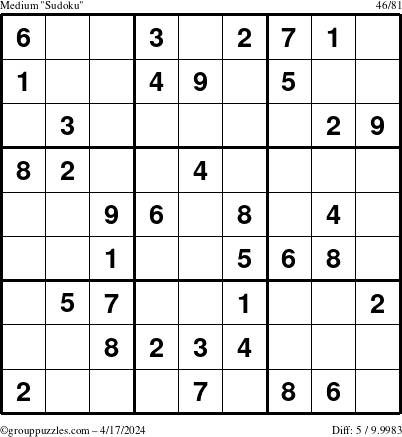 The grouppuzzles.com Medium Sudoku puzzle for Wednesday April 17, 2024