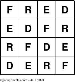 The grouppuzzles.com Answer grid for the Fred puzzle for Thursday April 11, 2024