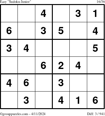 The grouppuzzles.com Easy Sudoku-Junior puzzle for Thursday April 11, 2024