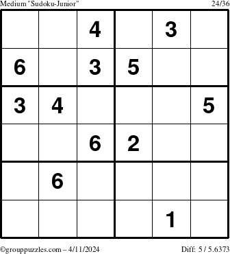 The grouppuzzles.com Medium Sudoku-Junior puzzle for Thursday April 11, 2024
