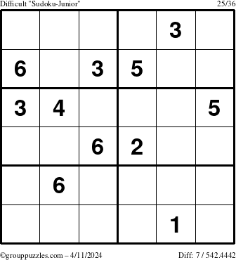The grouppuzzles.com Difficult Sudoku-Junior puzzle for Thursday April 11, 2024