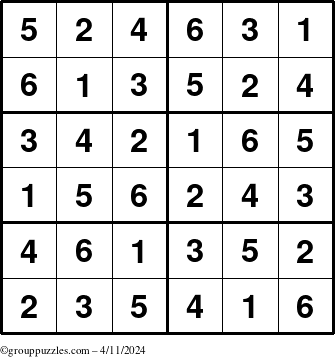 The grouppuzzles.com Answer grid for the Sudoku-Junior puzzle for Thursday April 11, 2024
