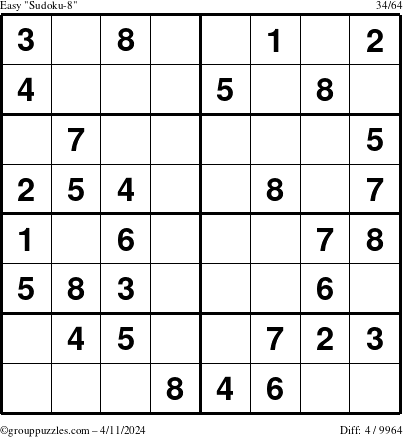 The grouppuzzles.com Easy Sudoku-8 puzzle for Thursday April 11, 2024