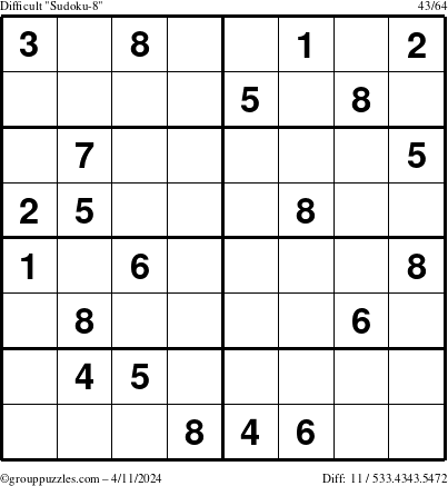 The grouppuzzles.com Difficult Sudoku-8 puzzle for Thursday April 11, 2024