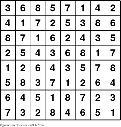The grouppuzzles.com Answer grid for the Sudoku-8 puzzle for Thursday April 11, 2024