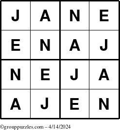 The grouppuzzles.com Answer grid for the Jane puzzle for Sunday April 14, 2024