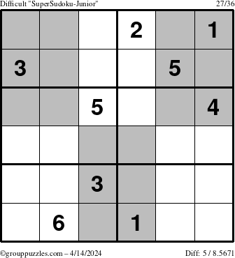 The grouppuzzles.com Difficult SuperSudoku-Junior puzzle for Sunday April 14, 2024