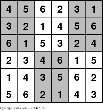 The grouppuzzles.com Answer grid for the SuperSudoku-Junior puzzle for Sunday April 14, 2024