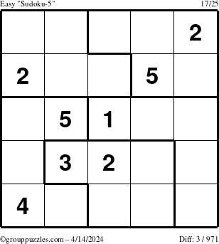 The grouppuzzles.com Easy Sudoku-5 puzzle for Sunday April 14, 2024