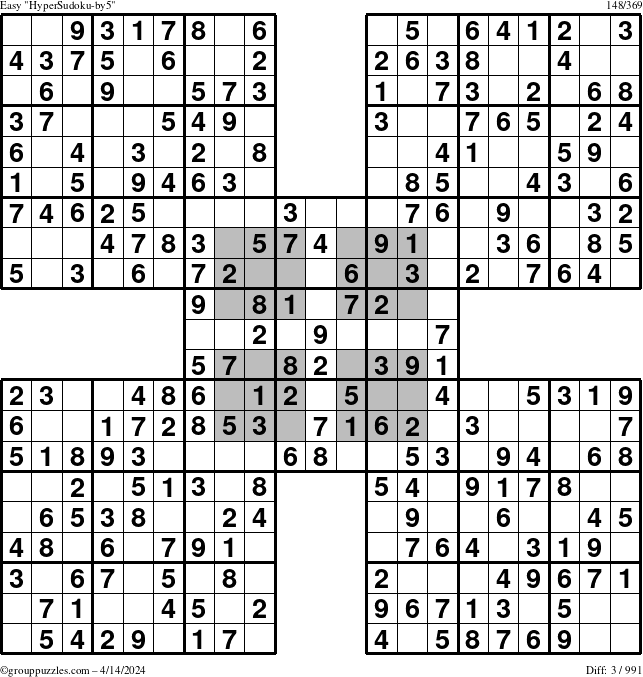 The grouppuzzles.com Easy HyperSudoku-by5 puzzle for Sunday April 14, 2024