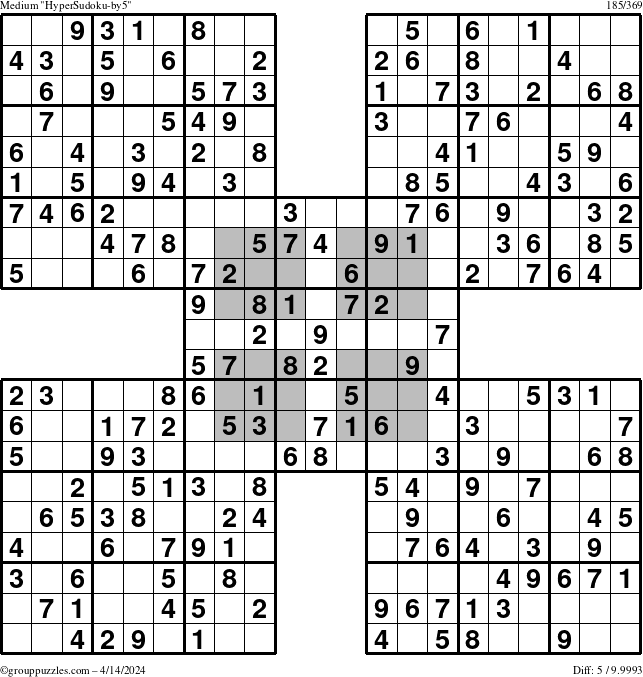 The grouppuzzles.com Medium HyperSudoku-by5 puzzle for Sunday April 14, 2024
