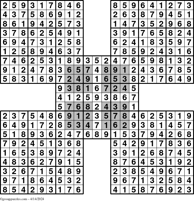 The grouppuzzles.com Answer grid for the HyperSudoku-by5 puzzle for Sunday April 14, 2024