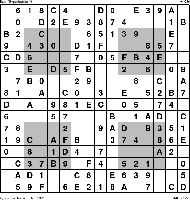 The grouppuzzles.com Easy HyperSudoku-16 puzzle for Sunday April 14, 2024