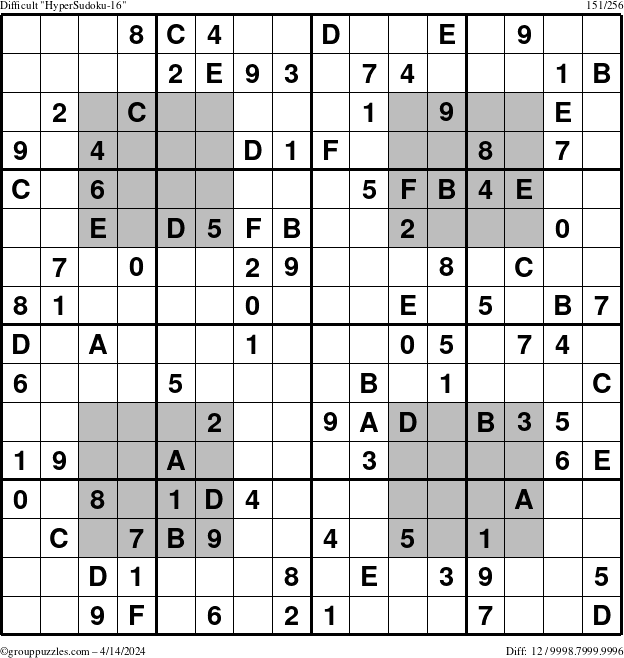 The grouppuzzles.com Difficult HyperSudoku-16 puzzle for Sunday April 14, 2024