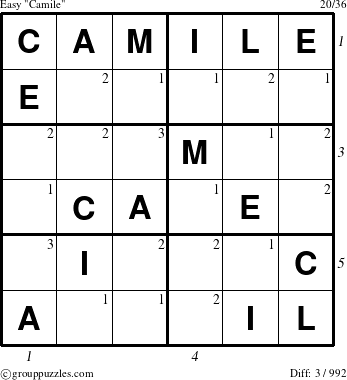 The grouppuzzles.com Easy Camile puzzle for , suitable for printing, with all 3 steps marked