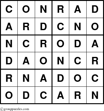 The grouppuzzles.com Answer grid for the Conrad puzzle for 