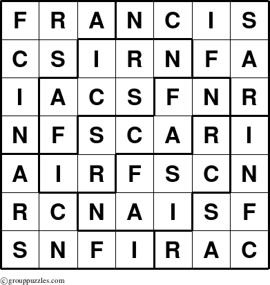 The grouppuzzles.com Answer grid for the Francis puzzle for 