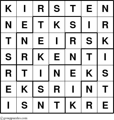 The grouppuzzles.com Answer grid for the Kirsten puzzle for 