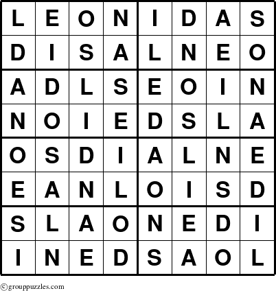 The grouppuzzles.com Answer grid for the Leonidas puzzle for 