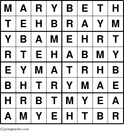 The grouppuzzles.com Answer grid for the Marybeth puzzle for 