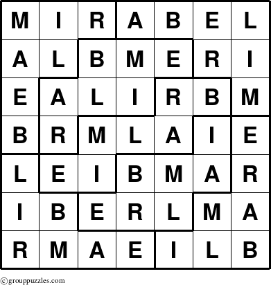 The grouppuzzles.com Answer grid for the Mirabel puzzle for 