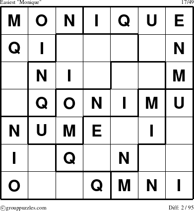 The grouppuzzles.com Easiest Monique puzzle for 