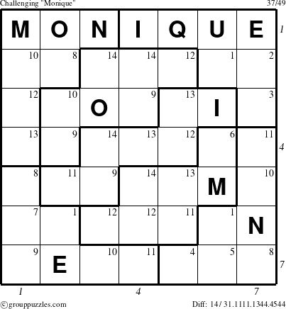 The grouppuzzles.com Challenging Monique puzzle for  with all 14 steps marked