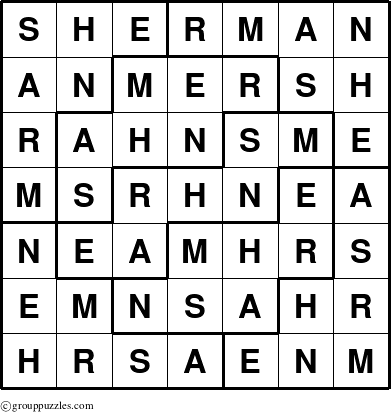 The grouppuzzles.com Answer grid for the Sherman puzzle for 