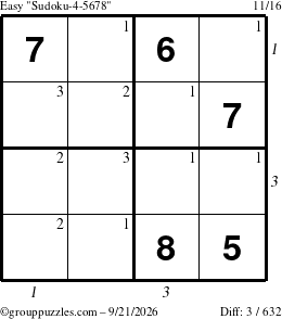 The grouppuzzles.com Easy Sudoku-4-5678 puzzle for Monday September 21, 2026, suitable for printing, with all 3 steps marked