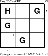 The grouppuzzles.com Easy TicTac-GHI puzzle for Monday September 21, 2026 with all 2 steps marked