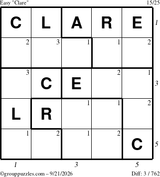 The grouppuzzles.com Easy Clare puzzle for Monday September 21, 2026, suitable for printing, with all 3 steps marked