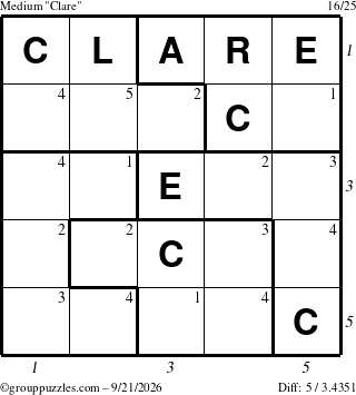The grouppuzzles.com Medium Clare puzzle for Monday September 21, 2026, suitable for printing, with all 5 steps marked