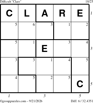 The grouppuzzles.com Difficult Clare puzzle for Monday September 21, 2026 with all 6 steps marked