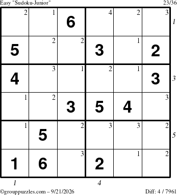 The grouppuzzles.com Easy Sudoku-Junior puzzle for Monday September 21, 2026 with all 4 steps marked