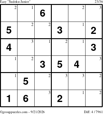 The grouppuzzles.com Easy Sudoku-Junior puzzle for Monday September 21, 2026 with the first 3 steps marked